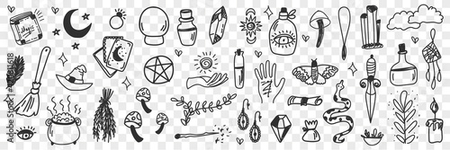 Esoteric witchcraft attributes doodle set. Collection of hand drawn witch tools occult objects hats broom cards moonlight snake isolated on transparent background