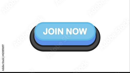 Join Now blue 3D button in flat style isolated on white background. Motion graphic.