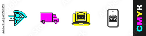 Set Online ordering pizza delivery, Fast by car, burger and and icon. Vector
