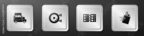 Set Fast delivery by car, Donut, Restaurant cafe menu and Online ordering and icon. Silver square button. Vector