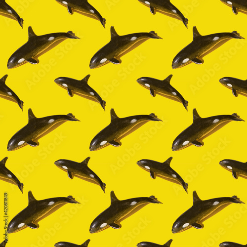 Seamless pattern with fishing bait on yellow background. Color of the Year 2021. Beautiful wide-angle wallpaper or web banner. Top view.