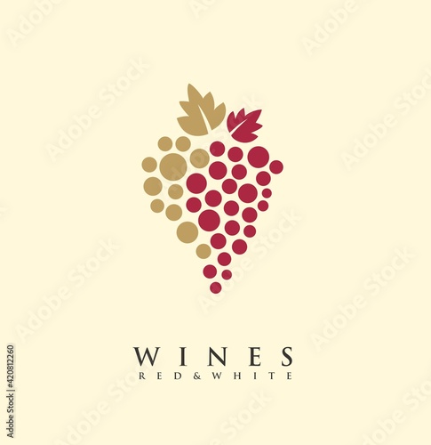 Red and white wines creative logo idea with grape symbol and golden leaves. Drink wines icon graphic. Logo design layout for vineyard or wine cellar. 
