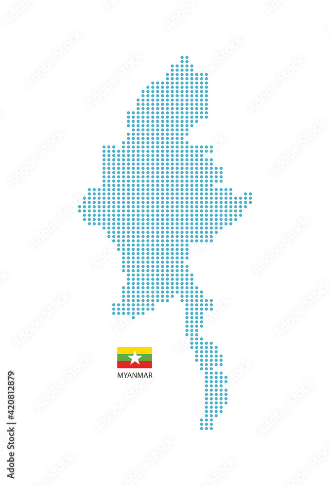 Myanmar map design blue circle, white background with Myanmar flag.