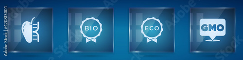Set Genetically modified apple, Label for bio healthy food, eco and GMO. Square glass panels. Vector