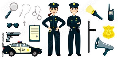 Cartoon police kids. Little boy and girl in patrol suits, police car. Set of cartoon professions.