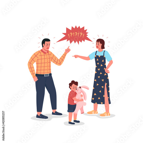 Arguing parents with scared child flat color vector detailed characters. Husband and wife quarrel. Sad son. Family conflict isolated cartoon illustration for web graphic design and animation