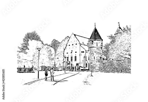 Building view with landmark of Maastricht is the
city in the Netherlands. Hand drawn sketch illustration in vector.