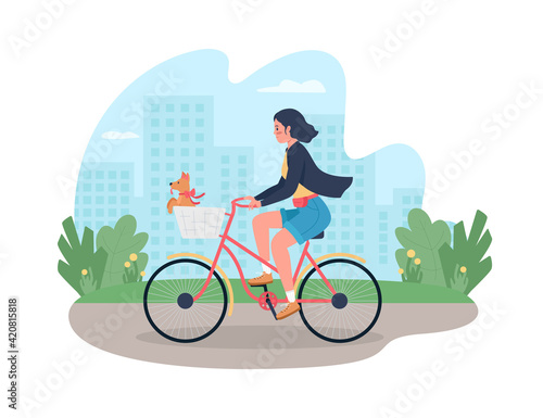 Woman on bicycle with dog in basket 2D vector web banner, poster. Female pet owner flat characters on cartoon background. Outdoor exercise and fitness printable patch, colorful web element