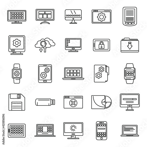 Software operating system icons set, outline style