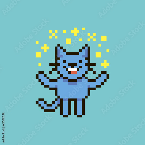 colorful simple flat pixel art illustration of cartoon smiling crypto cat showing a magical glow overhead