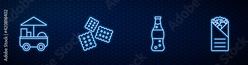 Set line Bottle of water, Fast street food cart, Cracker biscuit and Doner kebab. Glowing neon icon on brick wall. Vector