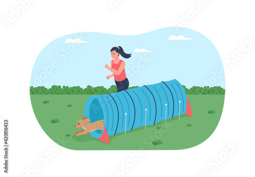 Obstacle course for training dogs 2D vector web banner, poster. Happy woman runs with pet flat characters on cartoon background. Competition for doggies printable patch, colorful web element