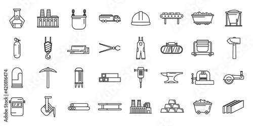 Metallurgy industry icons set, outline style