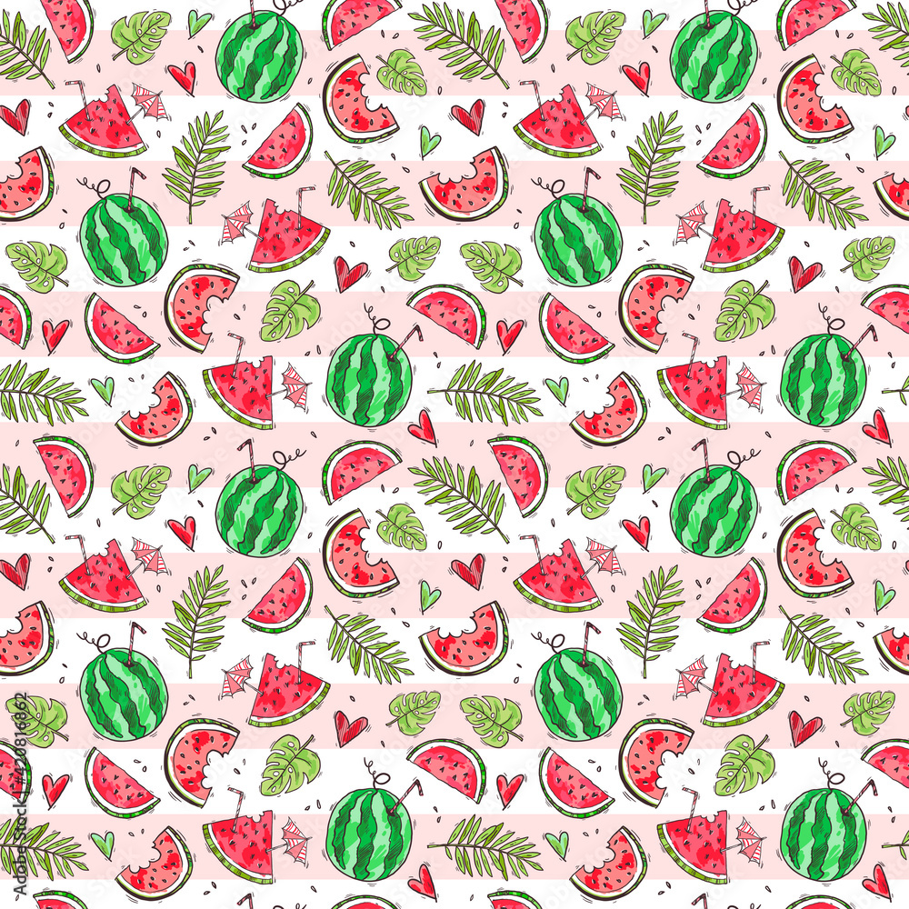 Background with watermelons, watermelon slices and tropical leaves. Seamless pattern. Summer fruit.  Vector flat style design. Doodle. Texture for wrapping paper, fabric, cards 