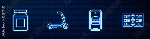 Set line Online ordering and delivery, , Scooter and Restaurant cafe menu. Glowing neon icon on brick wall. Vector
