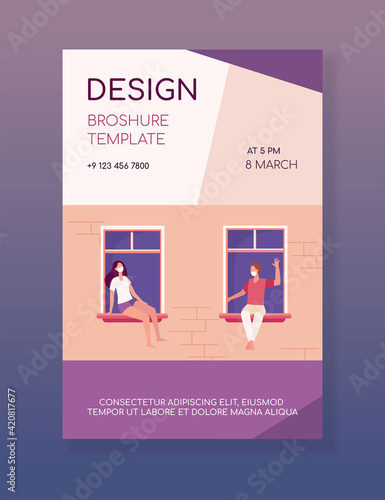 Neighbors in masks sitting separately on windowsills and chatting. Outdoor building wall and windows view. Flat vector illustration. Stay home concept for banner, website design or landing web page
