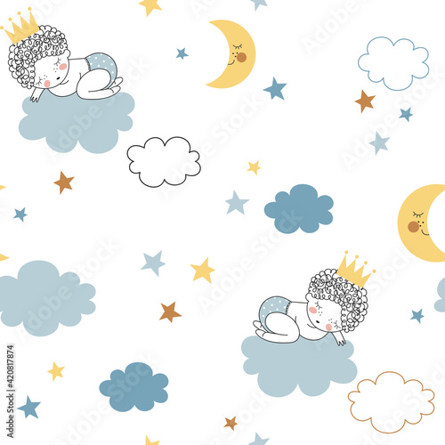 New born baby boy sleeping on blue cloud vector seamless pattern. Cute cartoon kid character illustration. Birthday party Baby shower nursery design. 