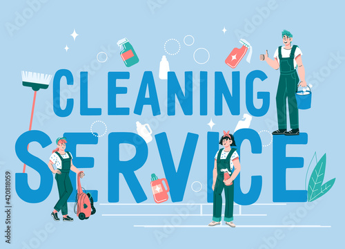 Cleaning service team at backdrop of huge inscription, cartoon flat vector illustration on blue background. Banner or poster background  for cleaning company.