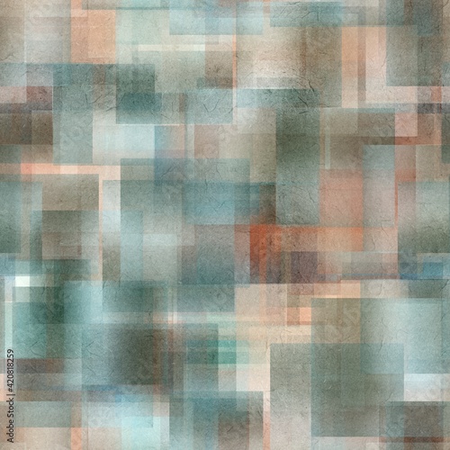 Seamless overlaid geometric shape pattern print. High quality illustration. Transparent rectangles filled with gradient colors scattered. Handmade paper texture overlay.