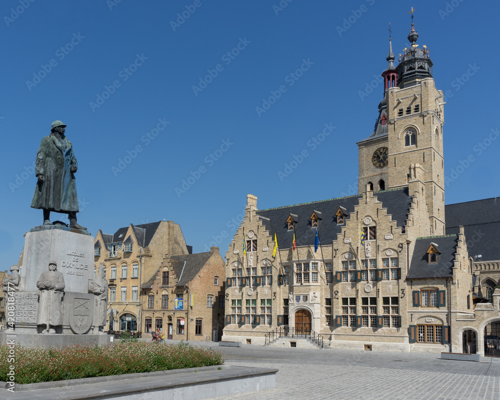 Market square in Diksmuide Belgium with town hall
