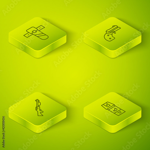 Set Isometric line Small gun revolver, Hunting, Pepper spray and Knife holster icon. Vector