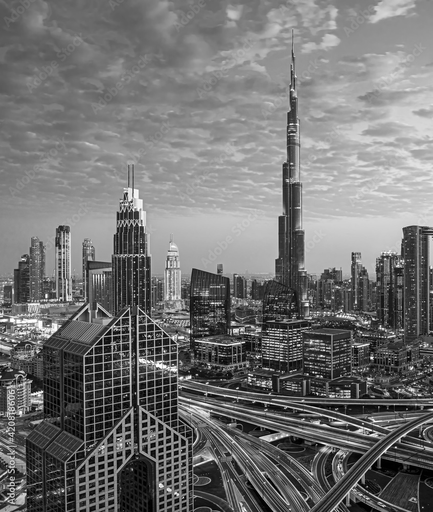 Dubai city center skyline - amazing cityscape with luxury skyscrapers at sunrise, United Arab Emirates
