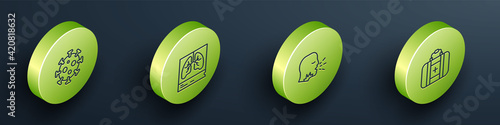 Set Isometric line Virus, Lungs x-ray, Man coughing and First aid kit icon. Vector