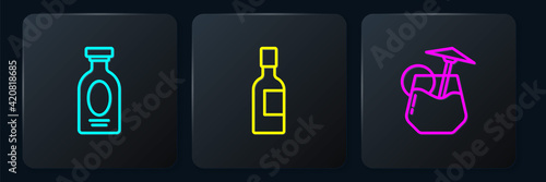 Set line Alcohol drink Rum, Cocktail and Champagne bottle. Black square button. Vector