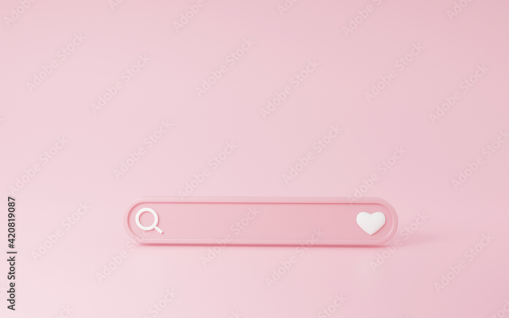 Minimal Blank 3d illustration search bar pink coloured. Searching, Find heart or stories love of interest on the internet and social media. Information Networking Concept Minimal Blank 3d illustration search bar pink coloured. Searching, Find heart or stories love of interest on the internet and social media. Information Networking Concept