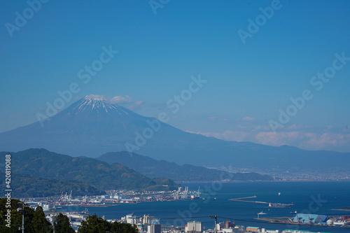 View of Mount Fuji on blue sky background at Shimizu Port,Japan’s international trading ports located in Shizuoka, Japan. Japan.