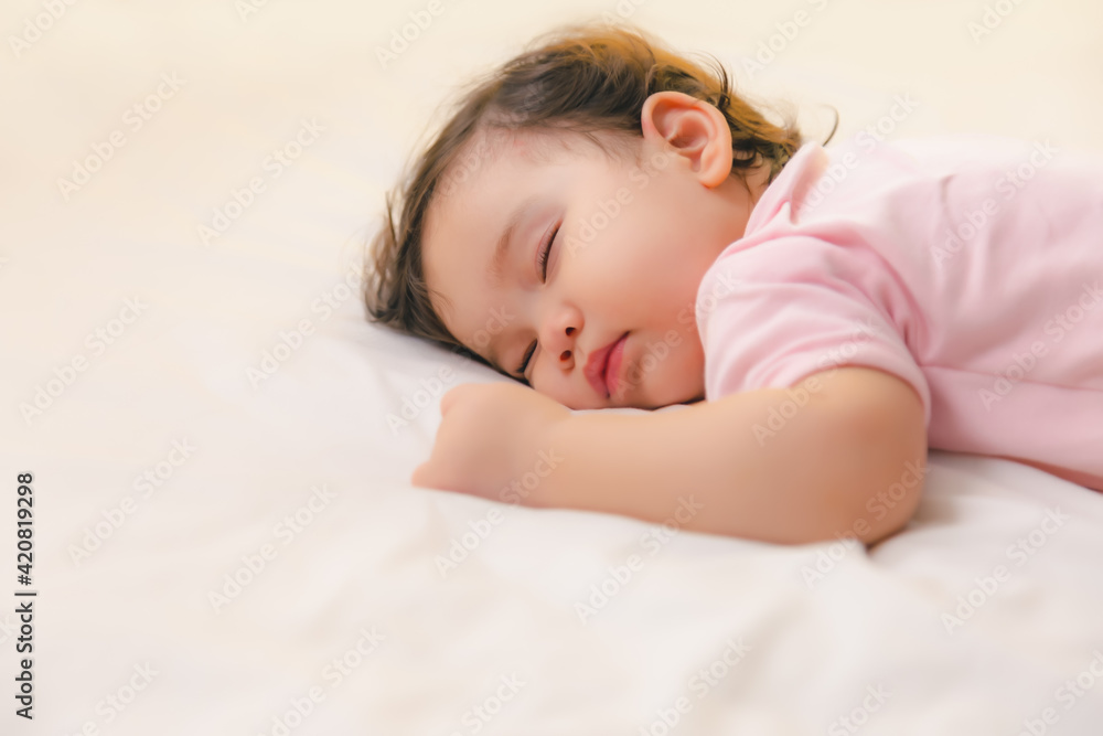 Adorable cute toddler or baby girl sleeping on bed at night with sweet dream in bedroom Lovely child get deep sleep and get relax and happy during lying down on bed Little infant girl get good sleep Adorable cute toddler or baby girl sleeping on bed at night with sweet dream in bedroom Lovely child get deep sleep and get relax and happy during lying down on bed Little infant girl get good sleep