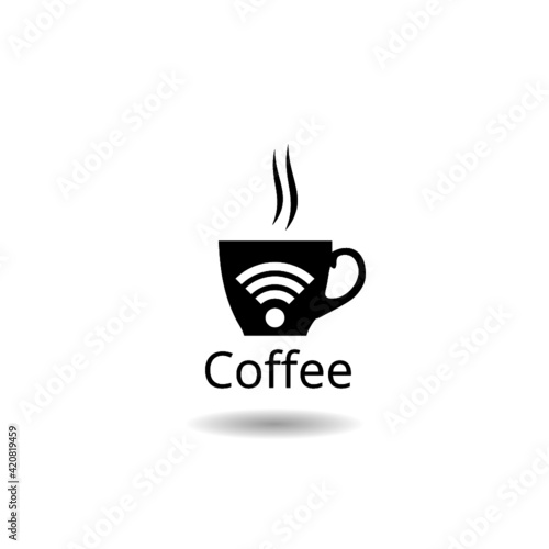 Cup of coffee shop with free wifi zone icon with shadow