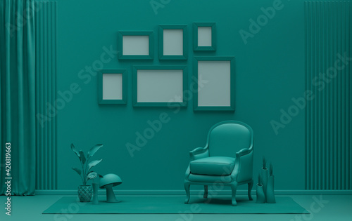 Wall mockup with six frames in solid flat pastel dark green color, monochrome interior modern living room with furnitures and plants, 3d rendering