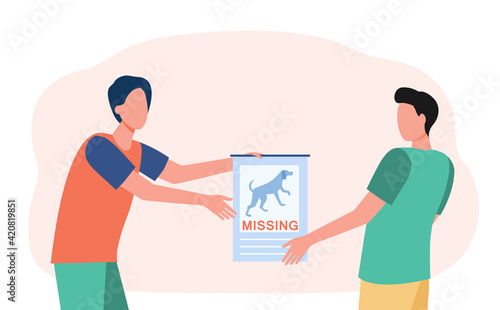 Dog owner showing lost pet poster to man. Person searching for missing animal flat vector illustration. Losing pet concept for banner, website design or landing web page
