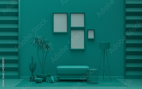 Interior room in plain monochrome dark green color, 4 frames on the wall with furnitures and plants, for poster presentation, Gallery wall. 3D rendering