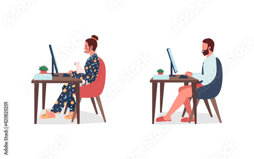 Freelancers in underwear at work flat color vector character set. Online meeting. Home office work flexibility isolated cartoon illustration for web graphic design and animation collection
