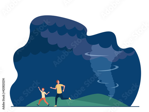 Father man and son kid family running from tornado vortex. Wind storm power flat vector illustration. Weather, nature disaster danger concept for banner, website design or landing web page