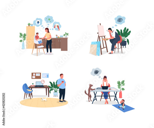 Stressed remote worker flat color vector faceless and detailed character set. Working mother. Burnout and anxiety isolated cartoon illustration for web graphic design and animation collection