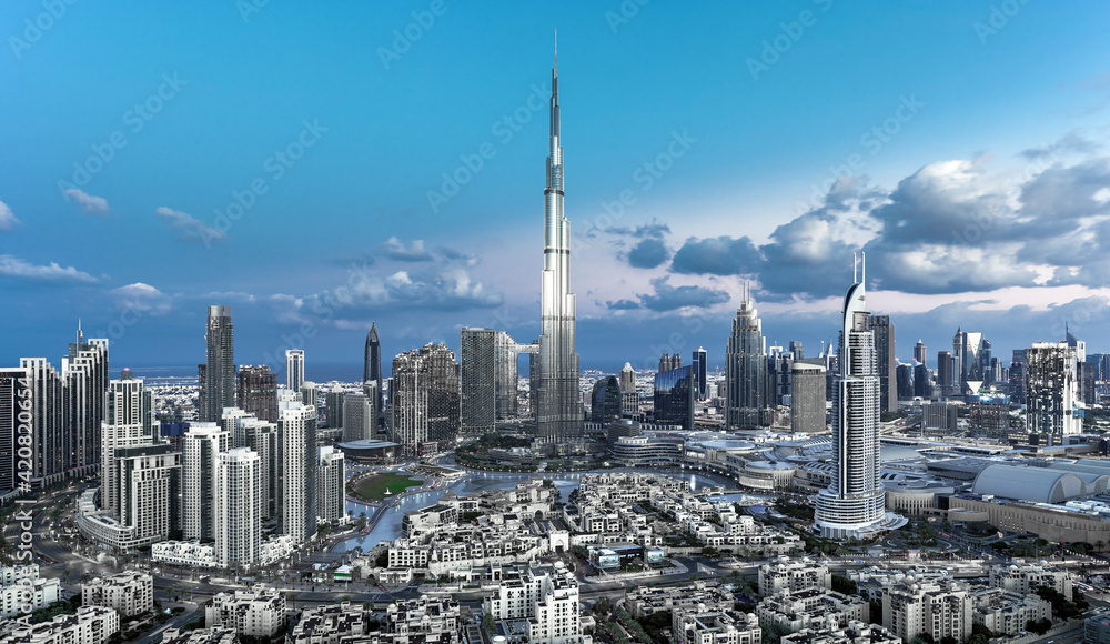 Dubai city center skyline - amazing cityscape with luxury skyscrapers at sunrise, United Arab Emirates