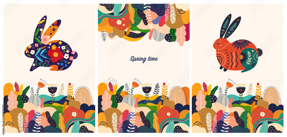 Floral spring colourful trendy background and wallpaper with decorative bunny - obrazy, fototapety, plakaty 