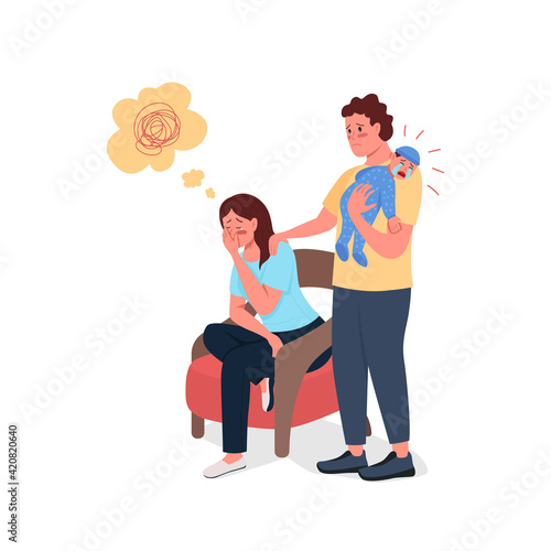Tired mother with husband and newborn baby flat color vector detailed characters. Postpartum depression. Family conflict isolated cartoon illustration for web graphic design and animation