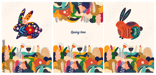 Floral spring colourful trendy background and wallpaper with decorative bunny