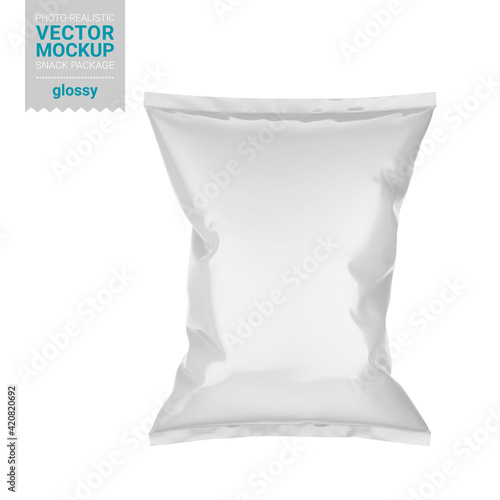 Glossy white snack package template. Vector mockup.