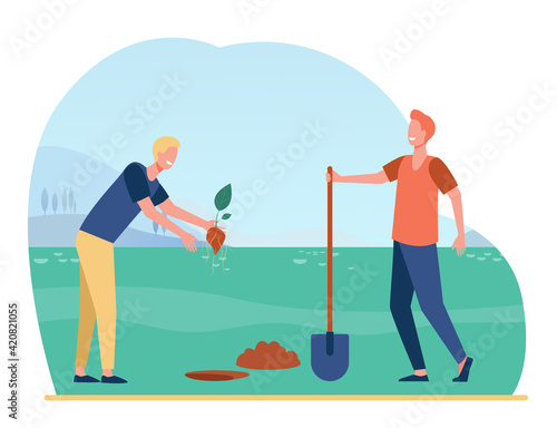 Gardeners men planting sprout into ground. Workers digging pit with shovel flat vector illustration. Gardening and agriculture concept for banner, website design or landing web page