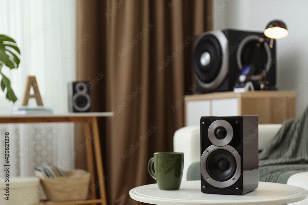 Modern powerful audio speaker system in bright room Modern powerful audio speaker system in bright room