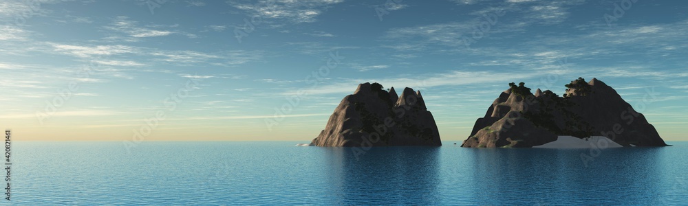 Islands in the sea, rocky islands in the ocean, seascape panorama, ocean landscape with islands, 3D rendering