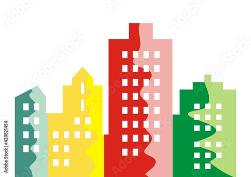 Multicolored town, vector illustration. Silhouette of colorful houses. Colored plasters on facades. Modern living in the city.