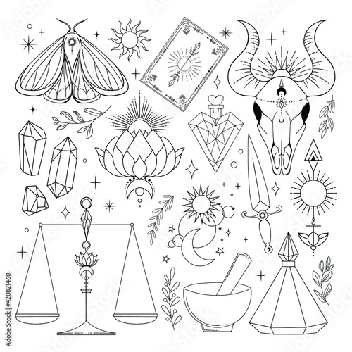 Occult clip art vector Illustration. Celestial template. Spiritual set of illumination.