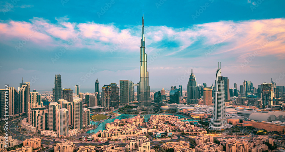 Dubai city center skyline - amazing cityscape with luxury skyscrapers at sunrise, United Arab Emirates
