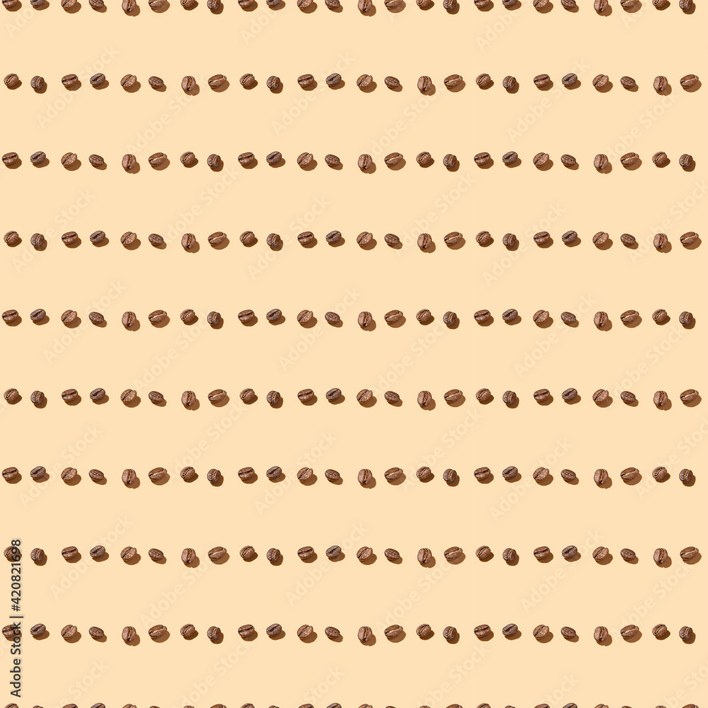 Coffee beans pattern background on brown background,hard shadows